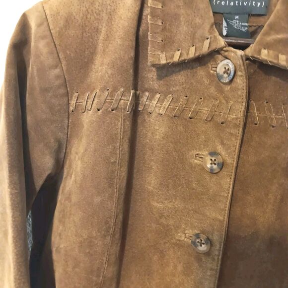 Vtg Relativity Womens M Brown Genuine Suede Leather Jacket Stitching Y2K - Picture 3 of 13